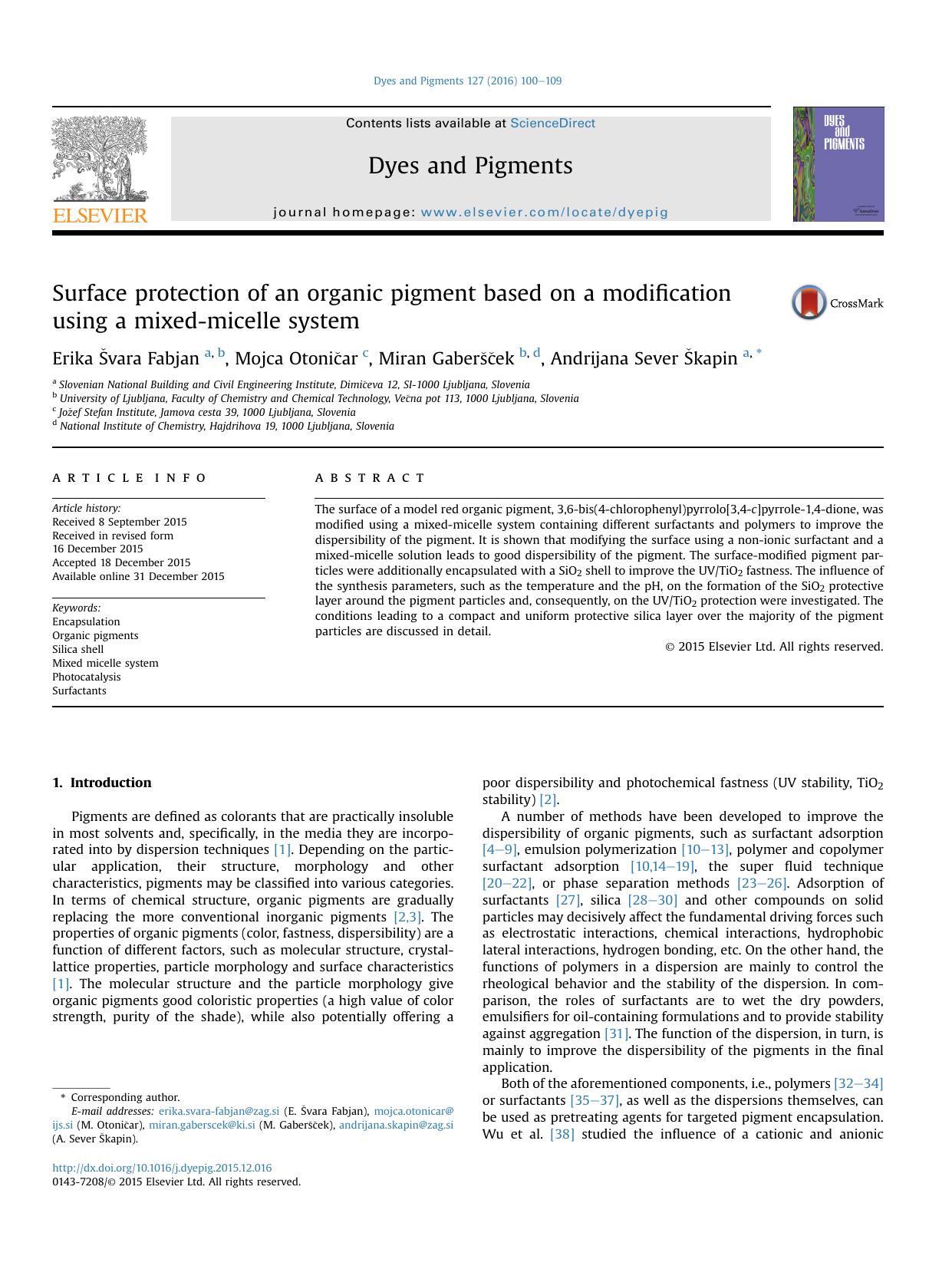 Surface protection of an organic pigment based on a modification using a mixed-micelle system by Erika Švara Fabjan & Mojca Otoničar & Miran Gaberšček & Andrijana Sever Škapin