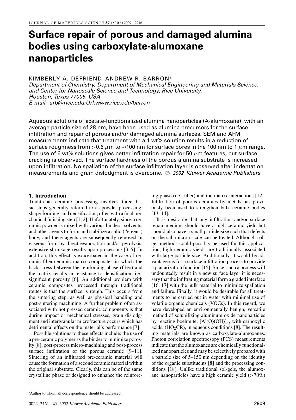 Surface repair of porous and damaged alumina bodies using carboxylate-alumoxane nanoparticles by Unknown