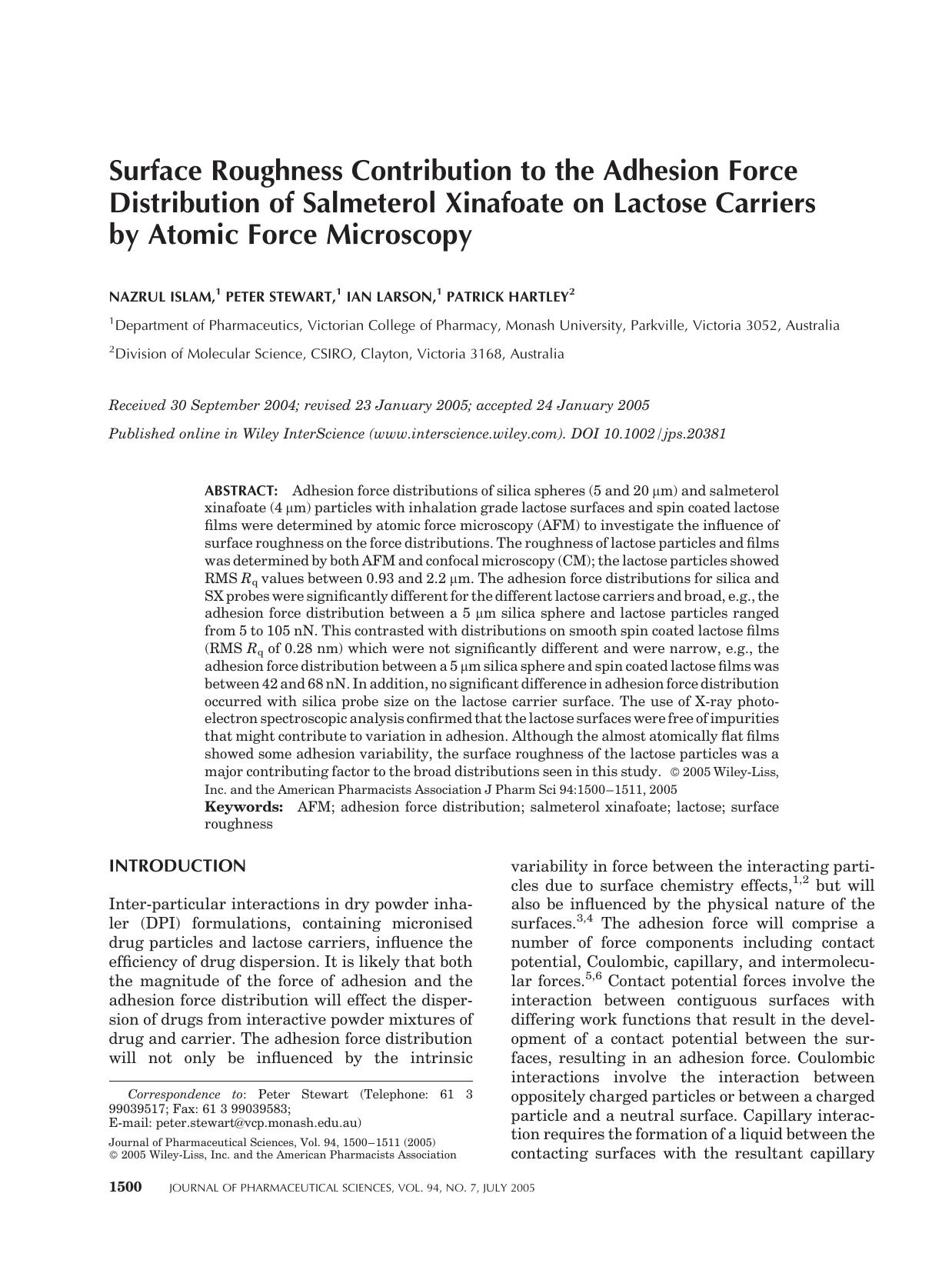 Surface roughness contribution to the adhesion force distribution of salmeterol xinafoate on lactose carriers by atomic force microscopy by Unknown