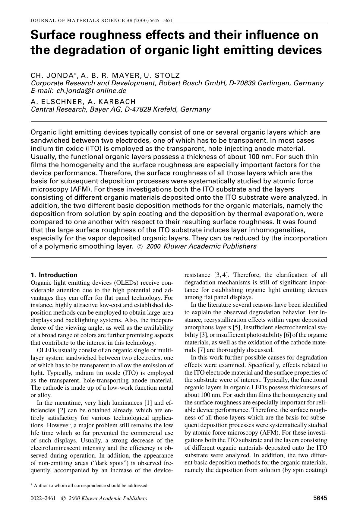 Surface roughness effects and their influence on the degradation of organic light emitting devices by Unknown
