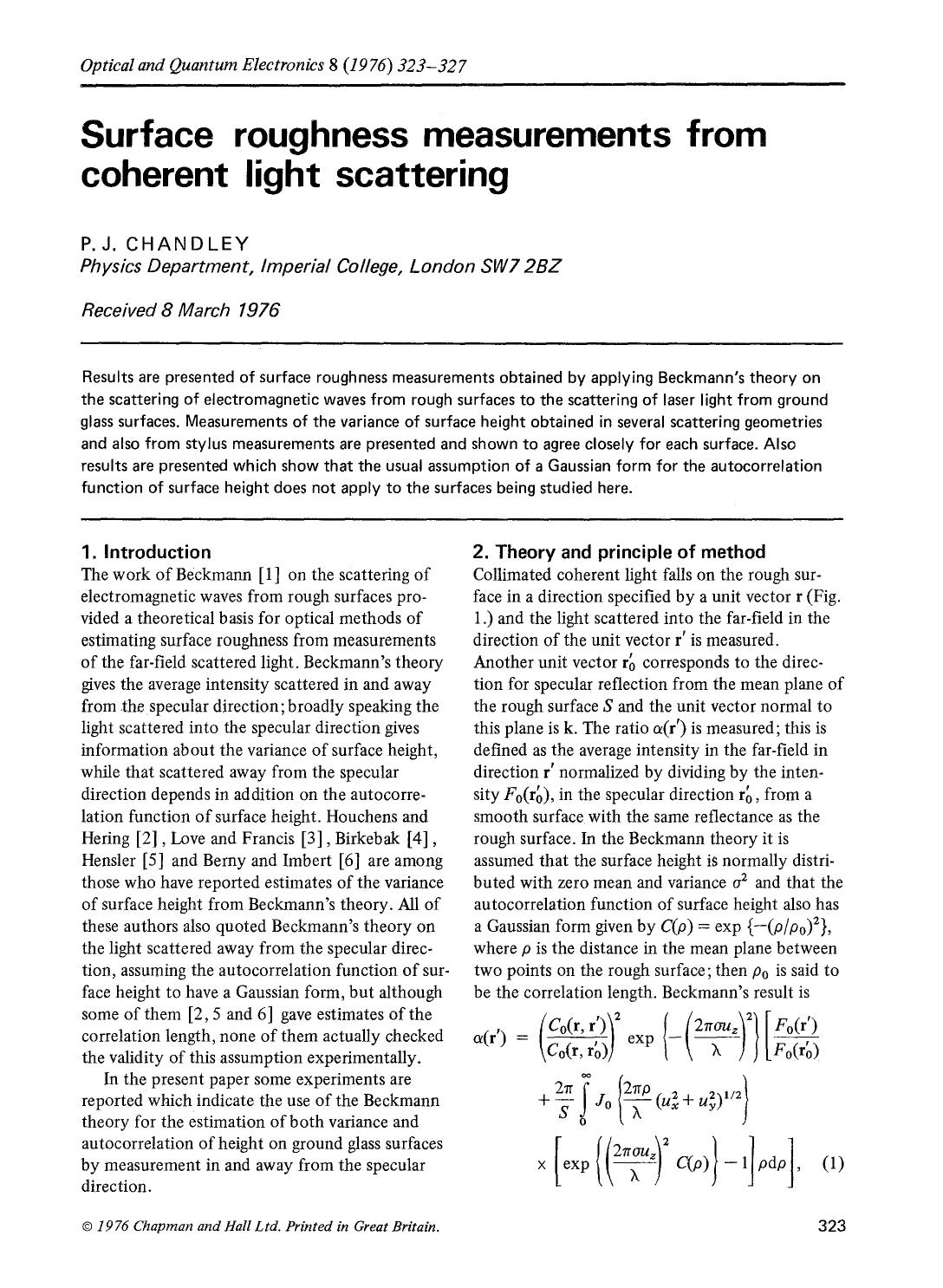 Surface roughness measurements from coherent light scattering by Unknown