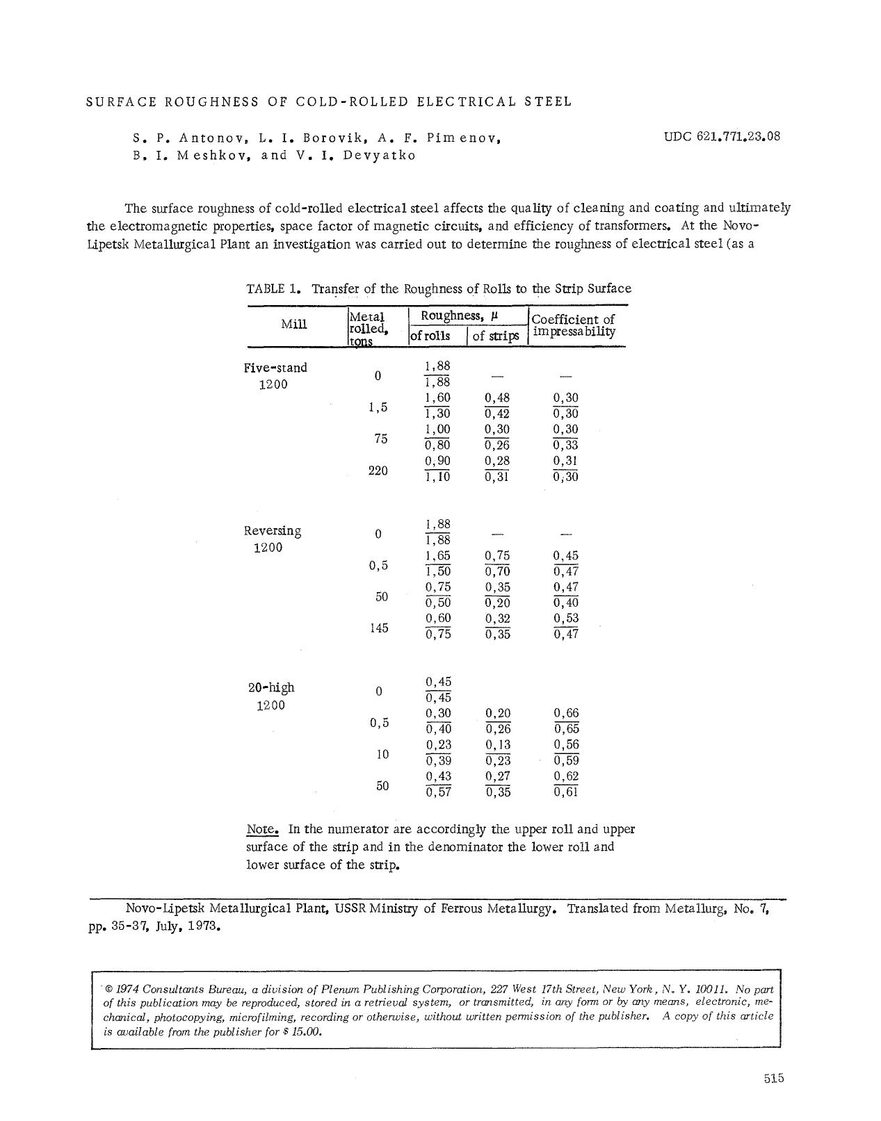 Surface roughness of cold-rolled electrical steel by Unknown