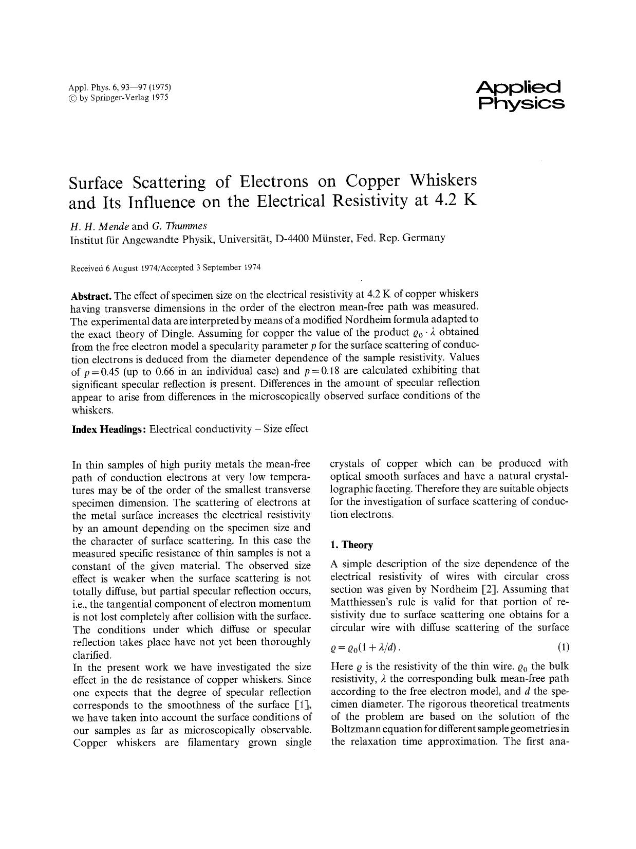 Surface scattering of electrons on copper whiskers and its influence on the electrical resistivity at 4.2 K by Unknown
