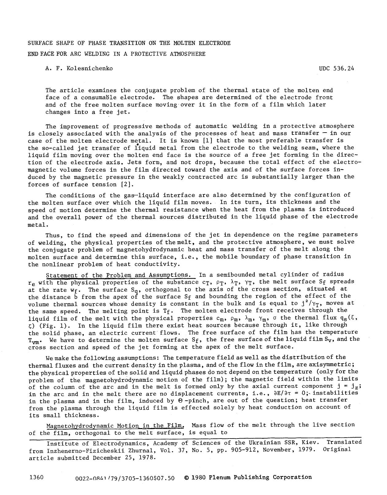 Surface shape of phase transition on the molten electrode end face for arc welding in a protective atmosphere by Unknown