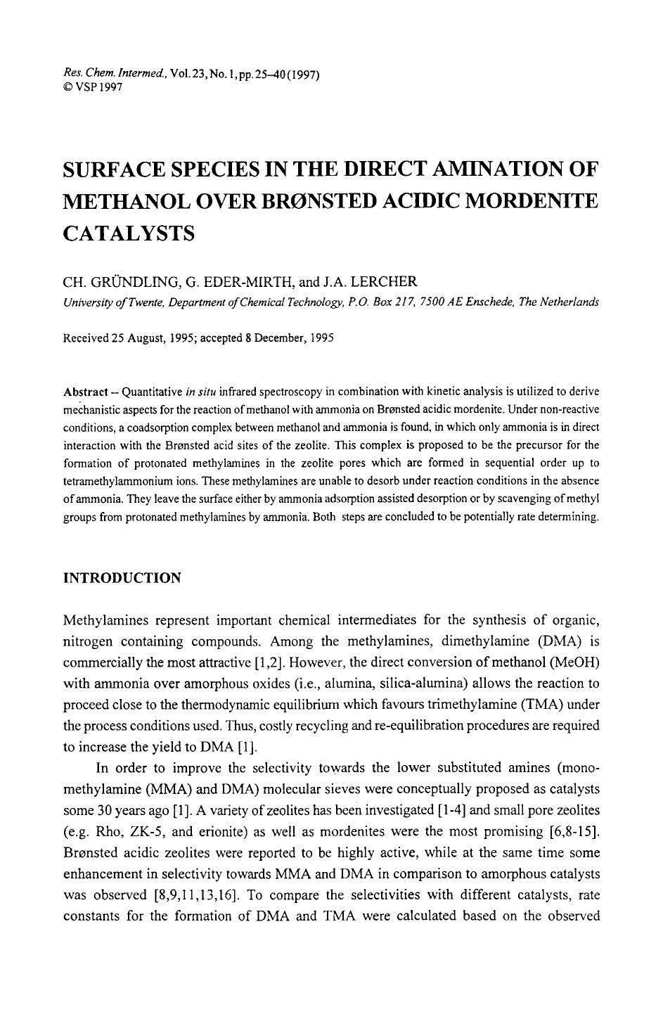 Surface species in the direct amination of methanol over Brønsted acidic mordenite catalysts by Unknown