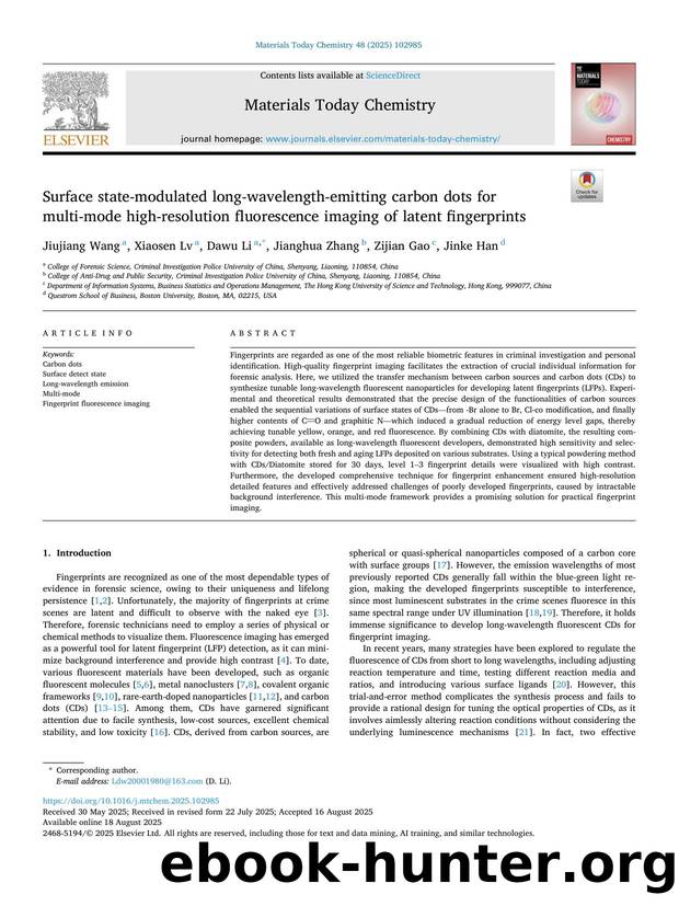 Surface state-modulated long-wavelength-emitting carbon dots for multi-mode high-resolution fluorescence imaging of latent fingerprints by Jiujiang Wang & Xiaosen Lv & Dawu Li & Jianghua Zhang & Zijian Gao & Jinke Han