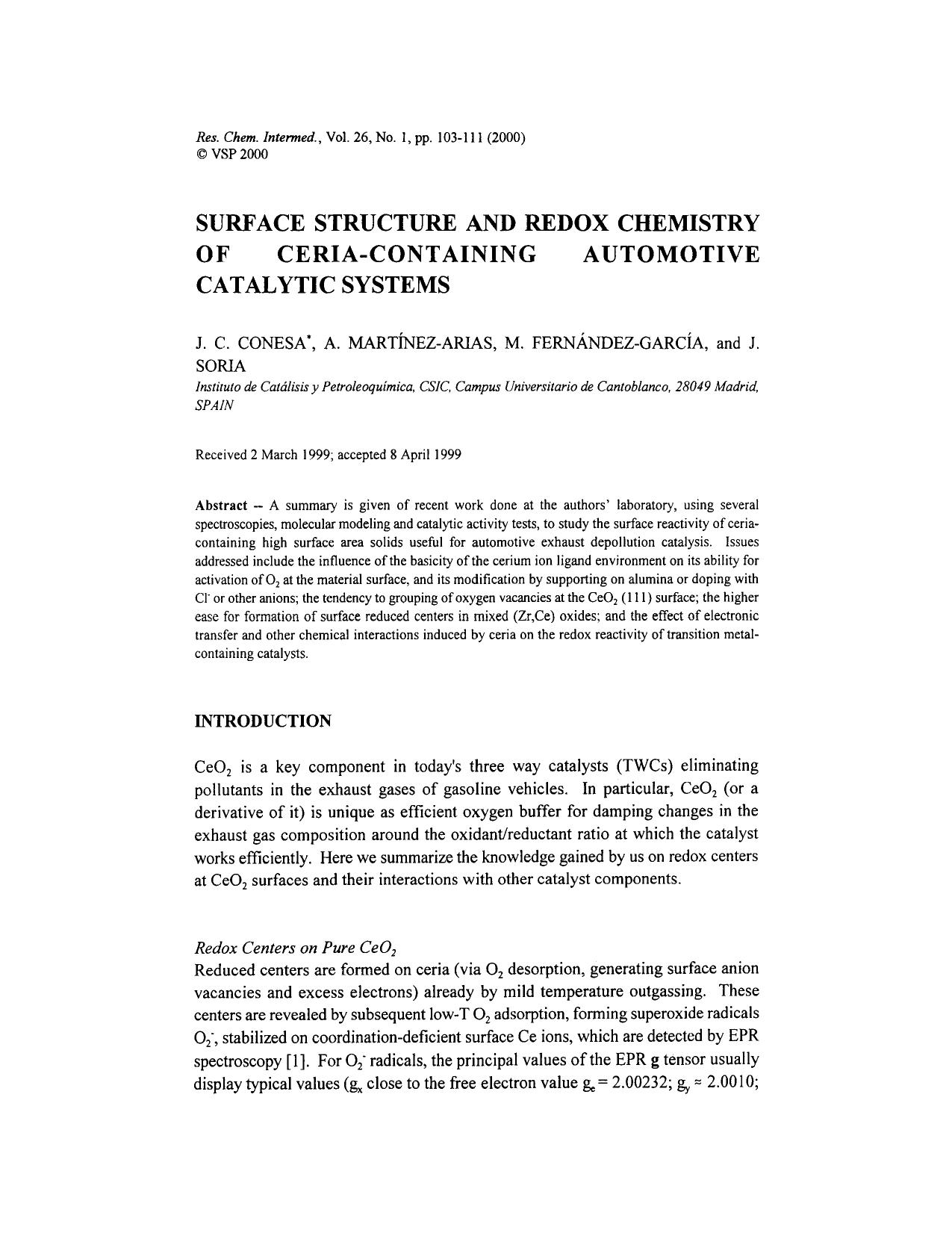 Surface structure and redox chemistry of ceria-containing automotive catalytic systems by Unknown
