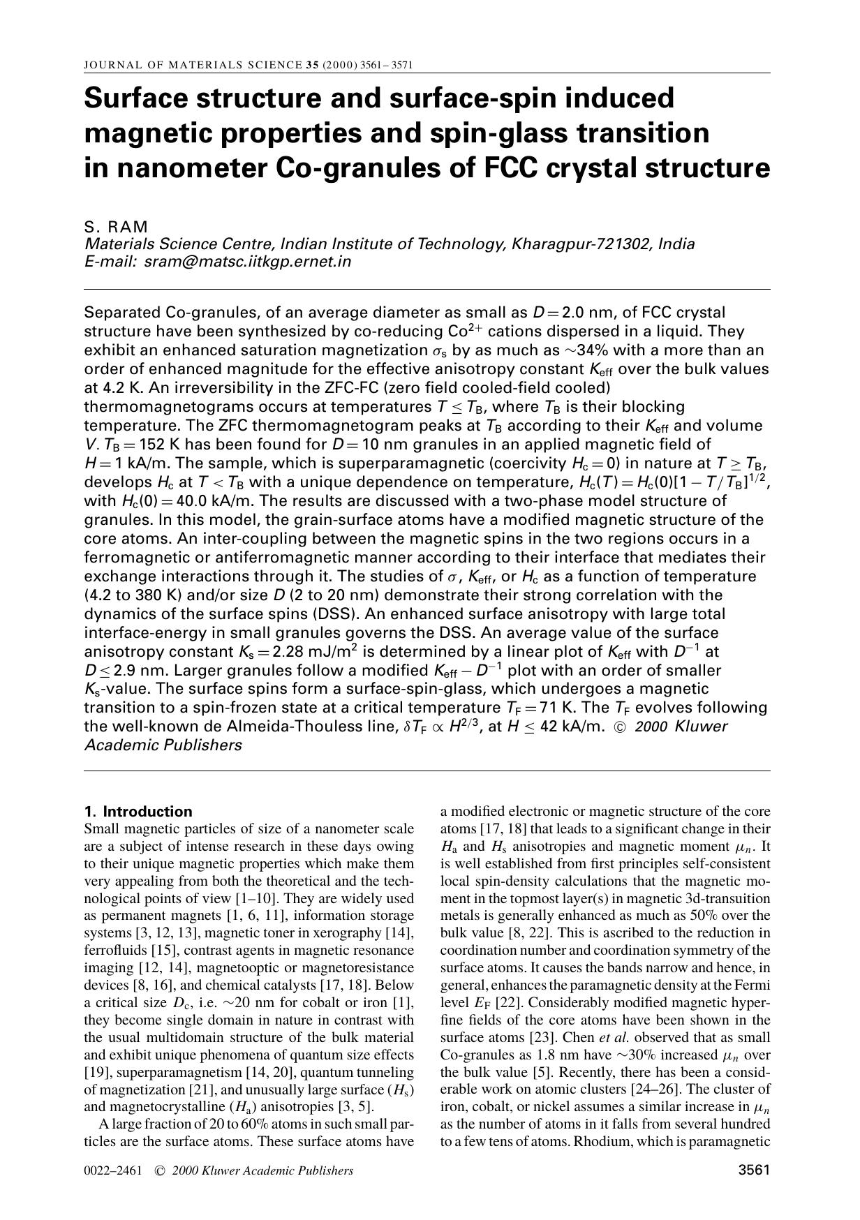 Surface structure and surface-spin induced magnetic properties and spin-glass transition in nanometer Co-granules of FCC crystal structure by Unknown