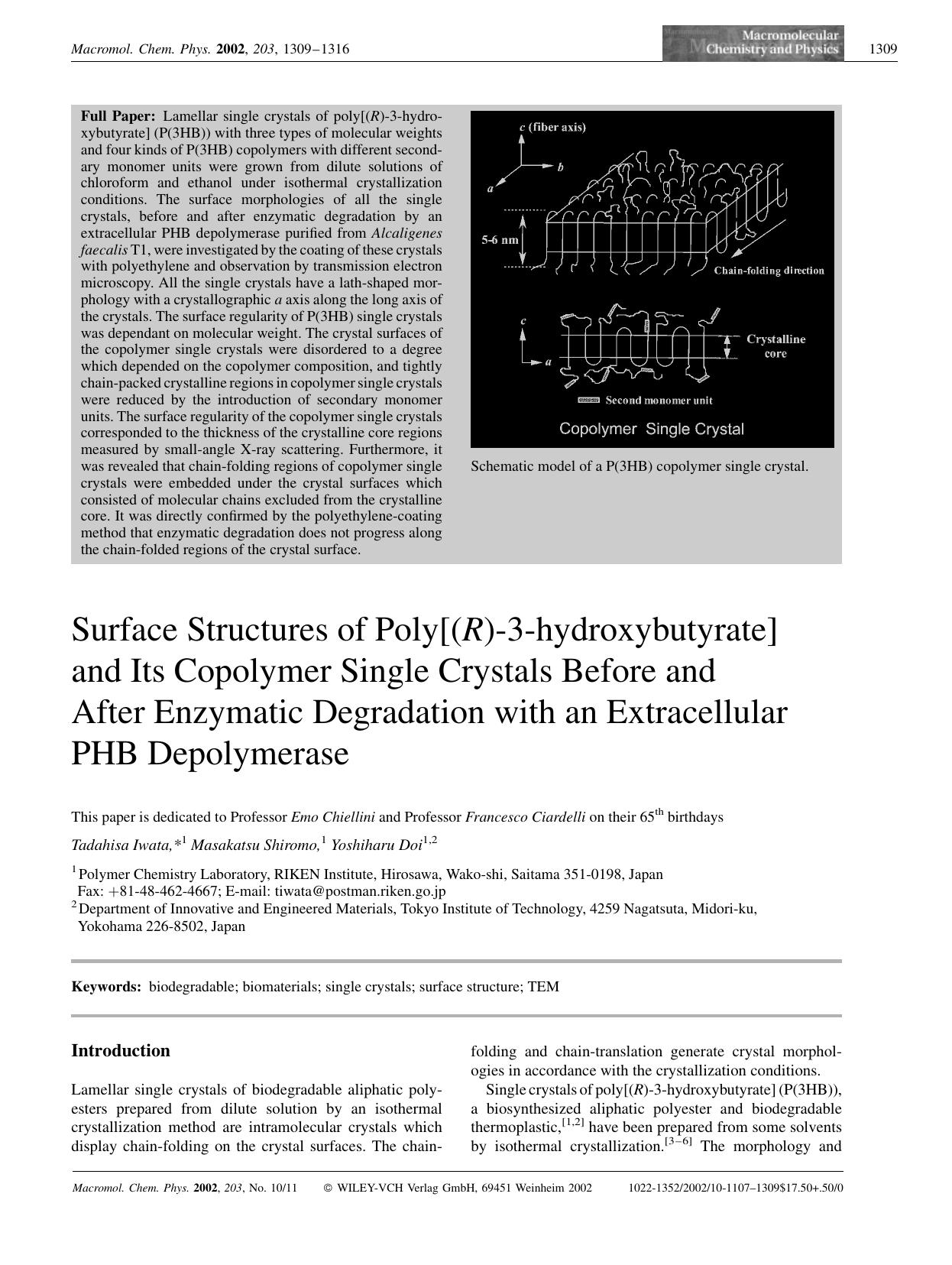 Surface structures of poly[(R)-3-hydroxybutyrate] and its copolymer single crystals before and after enzymatic degradation with an extracellular PHB depolymerase by Unknown