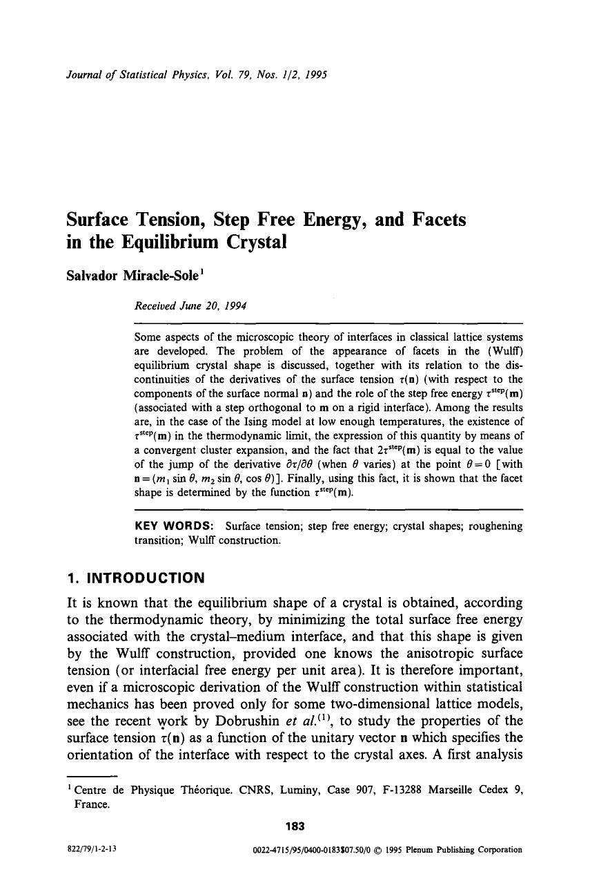 Surface tension, step free energy, and facets in the equilibrium crystal by Unknown