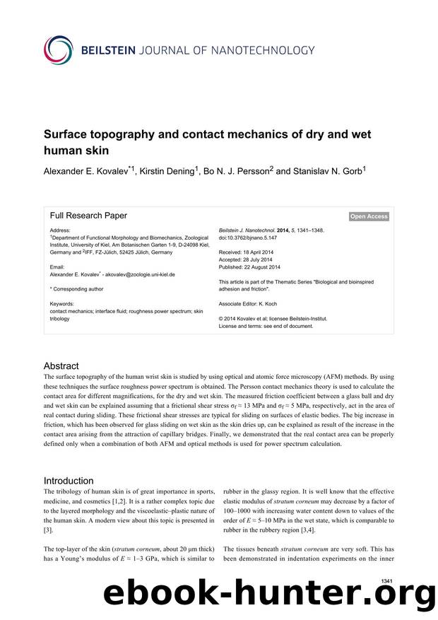 Surface topography and contact mechanics of dry and wet human skin by Alexander E. Kovalev Kirstin Dening Bo N. J. Persson Stanislav N. Gorb