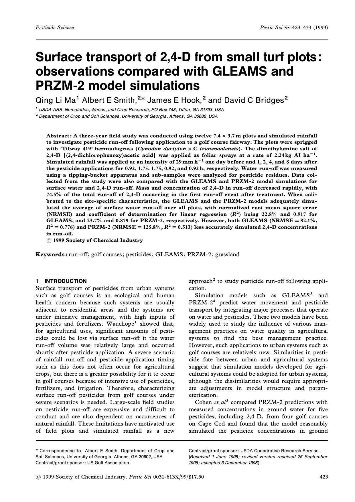Surface transport of 2,4D from small turf plots: observations compared with GLEAMS and PRZM2 model simulations by Unknown