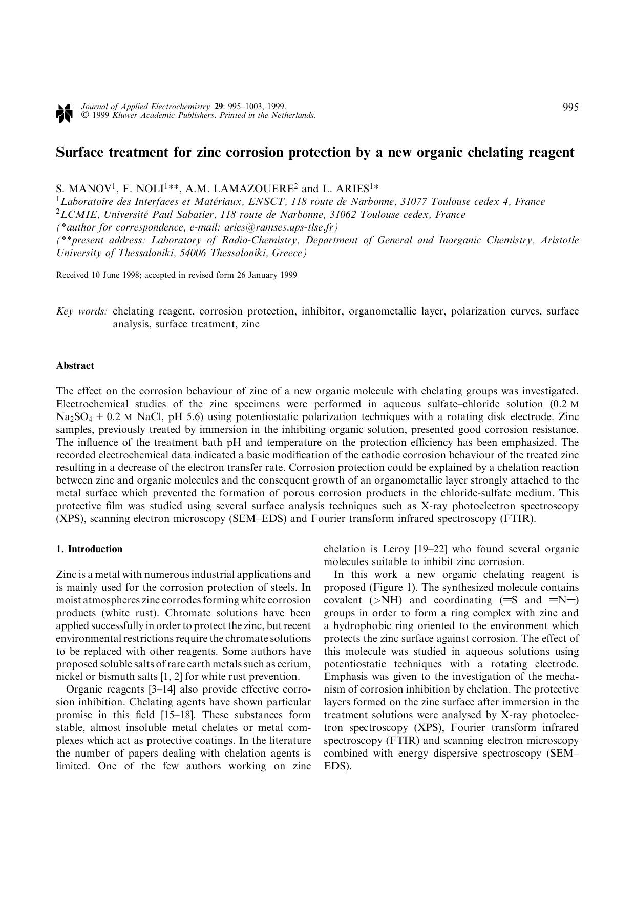 Surface treatment for zinc corrosion protection by a new organic chelating reagent by Unknown