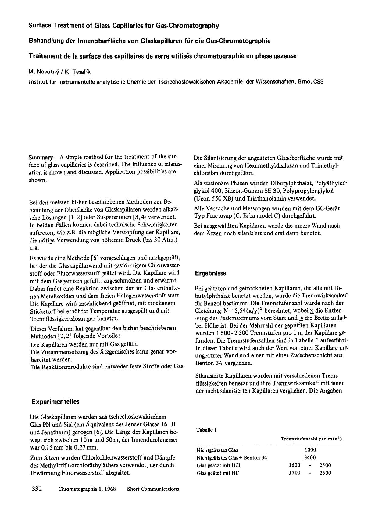 Surface treatment of glass capillaries for gas-chromatography by Unknown