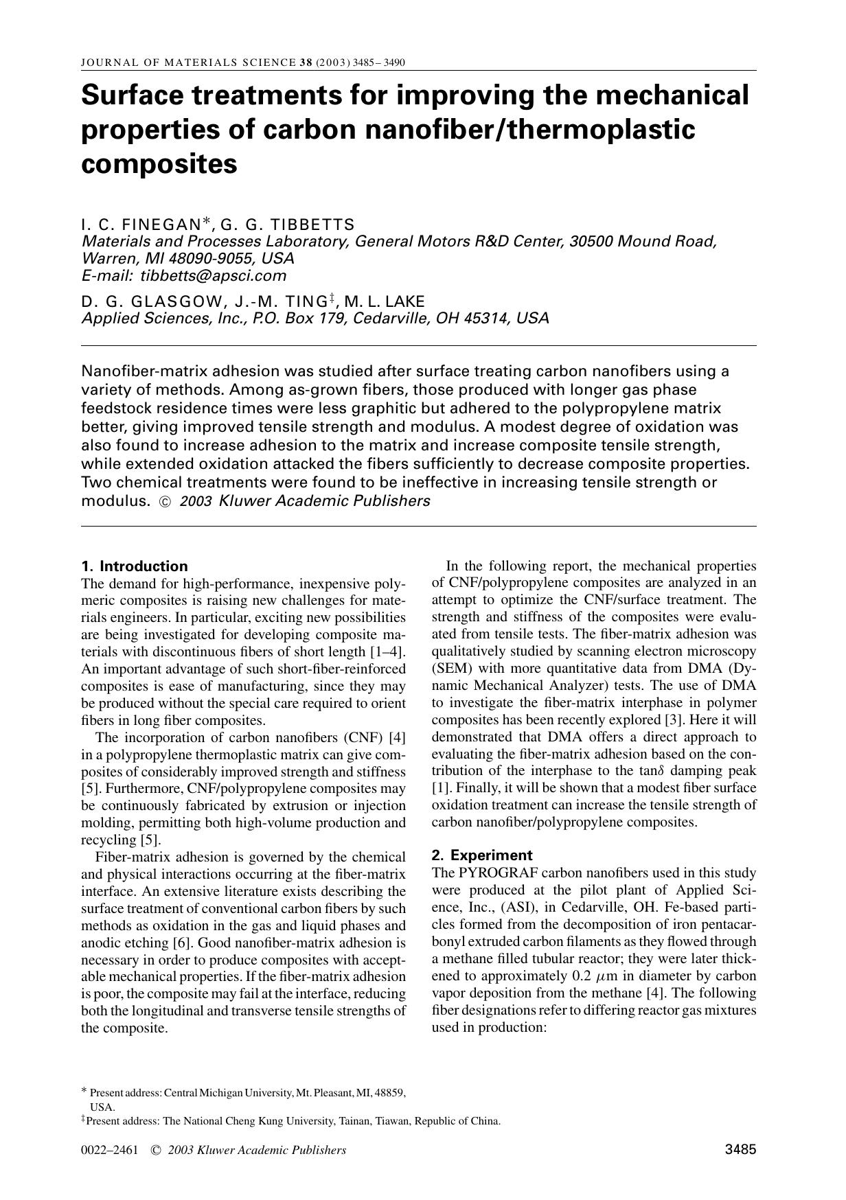 Surface treatments for improving the mechanical properties of carbon nanofiberthermoplastic composites by Unknown