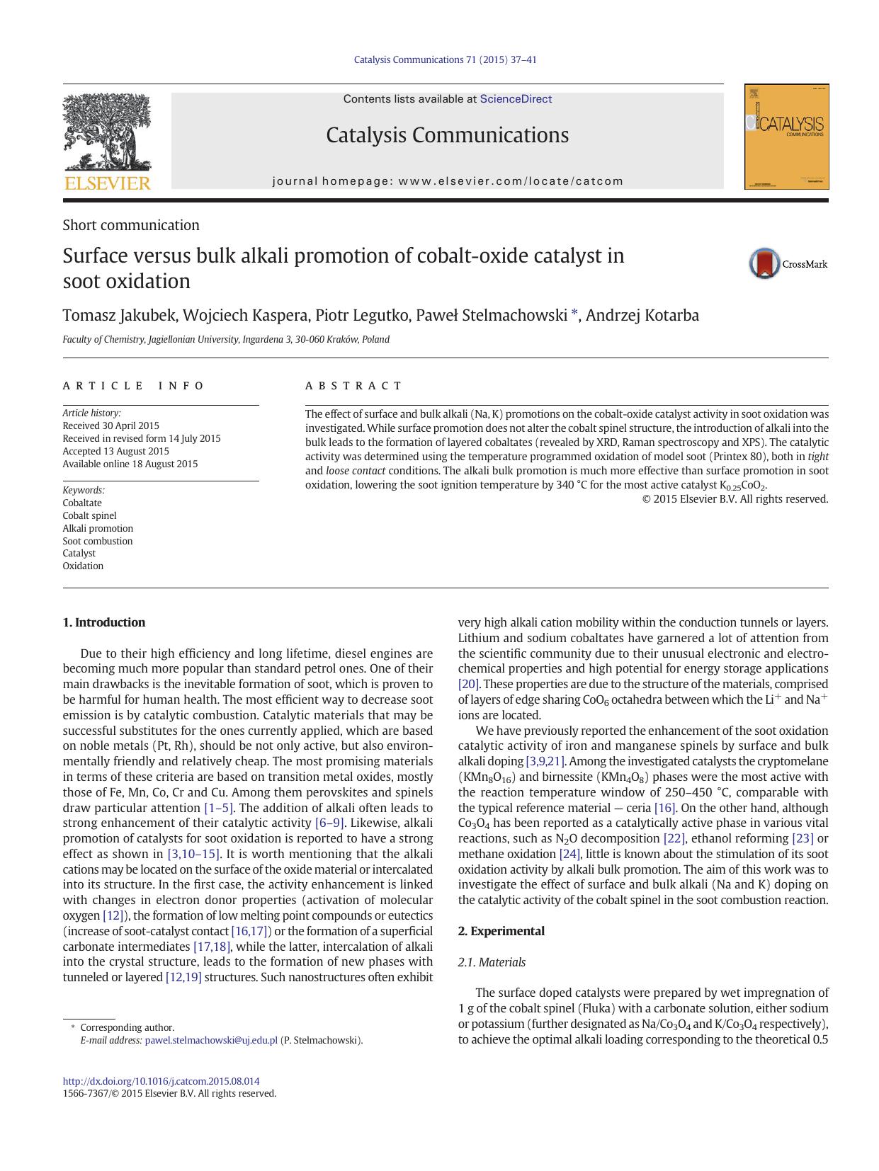Surface versus bulk alkali promotion of cobalt-oxide catalyst in soot oxidation by Tomasz Jakubek & Wojciech Kaspera & Piotr Legutko & Paweł Stelmachowski & Andrzej Kotarba