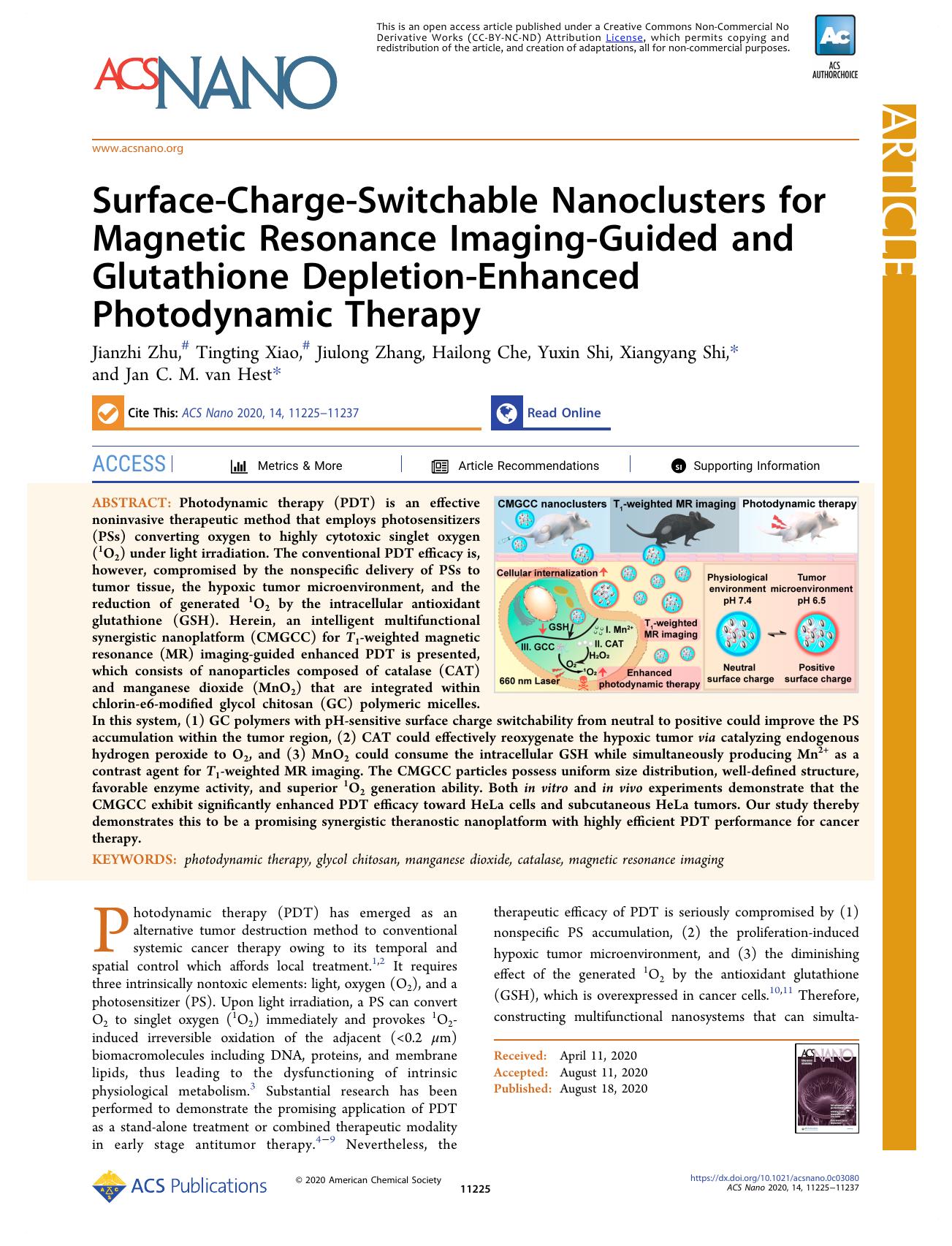 Surface-Charge-Switchable Nanoclusters for Magnetic Resonance Imaging-Guided and Glutathione Depletion-Enhanced Photodynamic Therapy by unknow