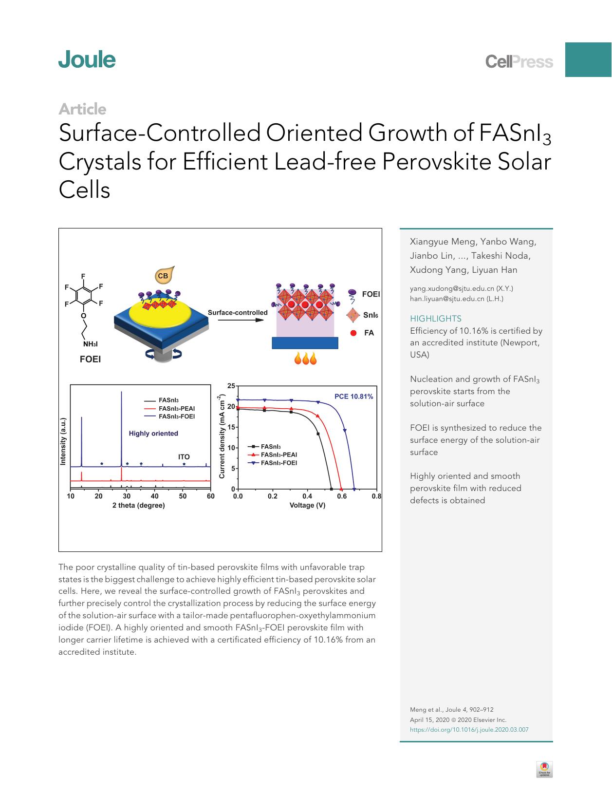 Surface-Controlled Oriented Growth of FASnI3 Crystals for Efficient Lead-free Perovskite Solar Cells by unknow