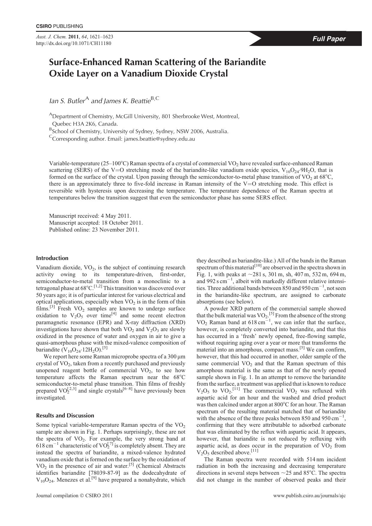 Surface-Enhanced Raman Scattering of the Bariandite Oxide Layer on a Vanadium Dioxide Crystal by I. S. Butler and J. K. Beattie