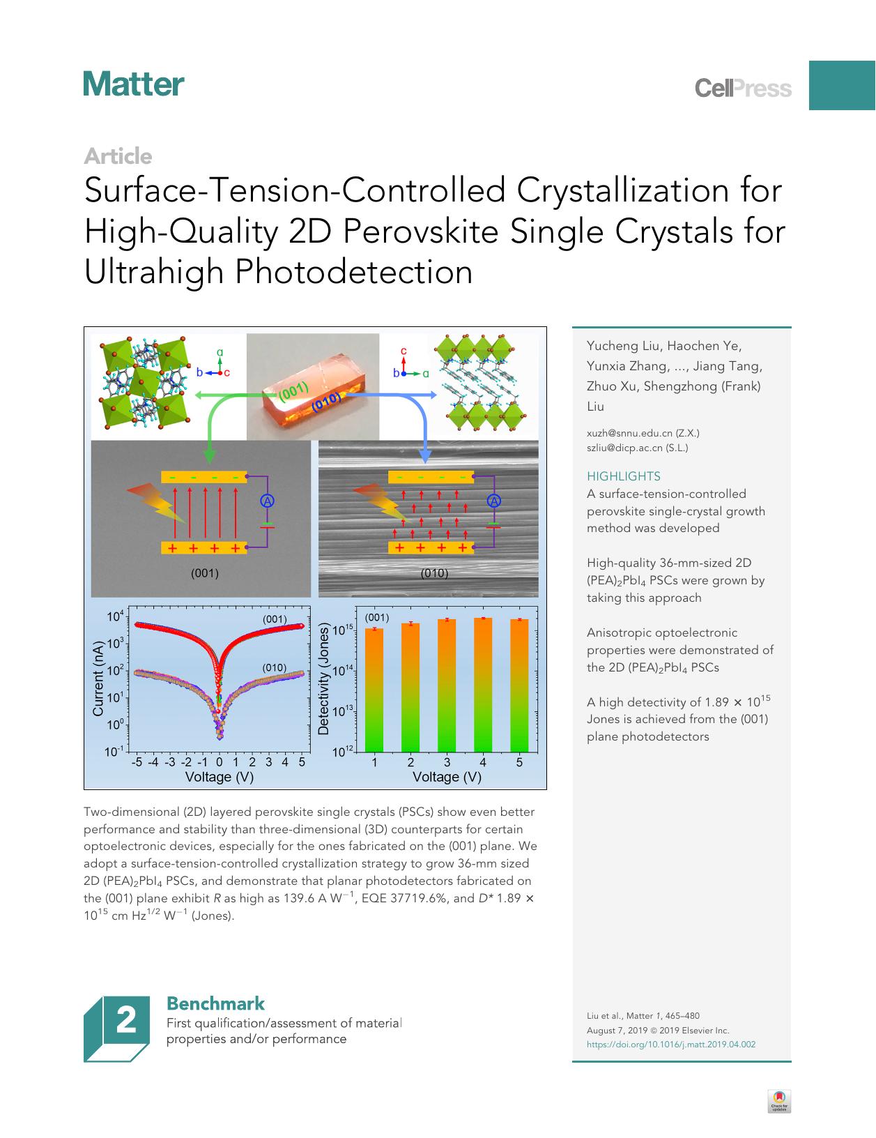 Surface-Tension-Controlled Crystallization for High-Quality 2D Perovskite Single Crystals for Ultrahigh Photodetection by unknow