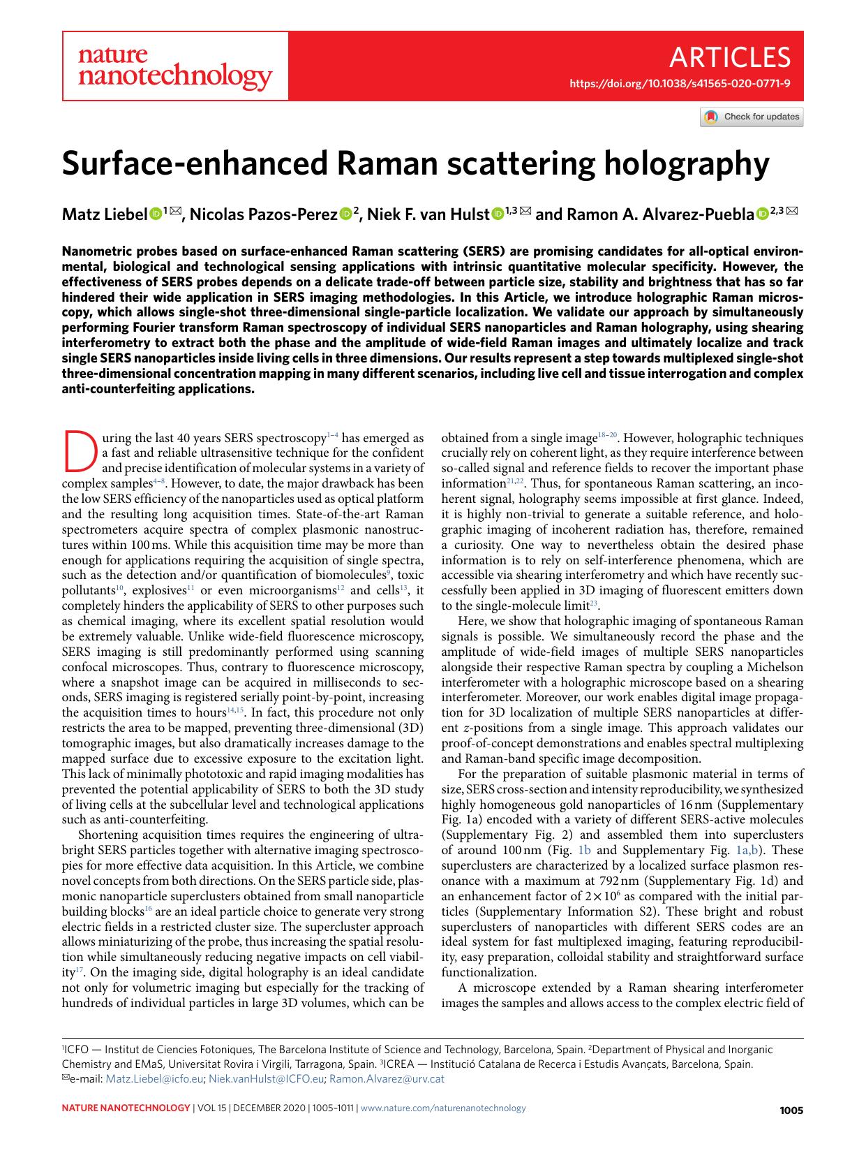 Surface-enhanced Raman scattering holography by Matz Liebel & Nicolas Pazos-Perez & Niek F. van Hulst & Ramon A. Alvarez-Puebla