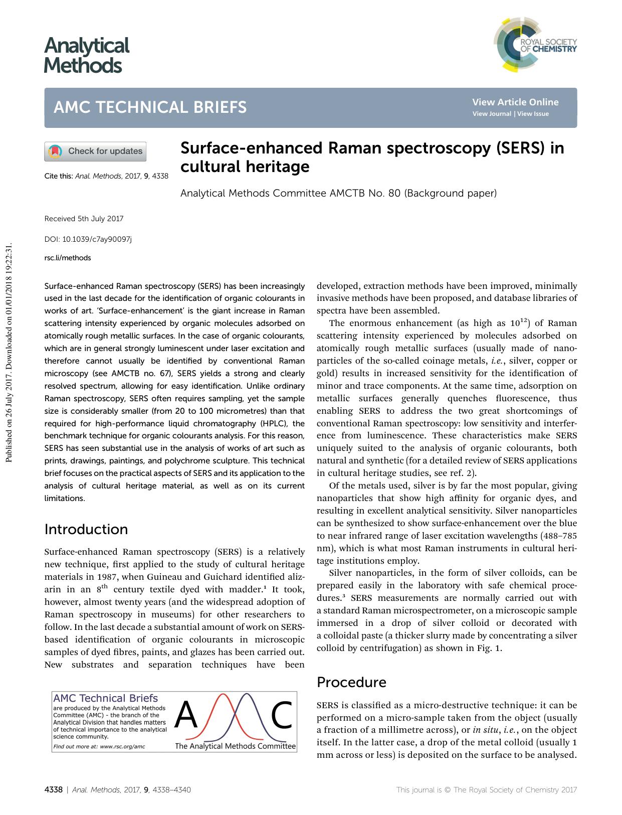 Surface-enhanced Raman spectroscopy (SERS) in cultural heritage by Analytical Methods Committee AMCTB No. 80 (Background paper)