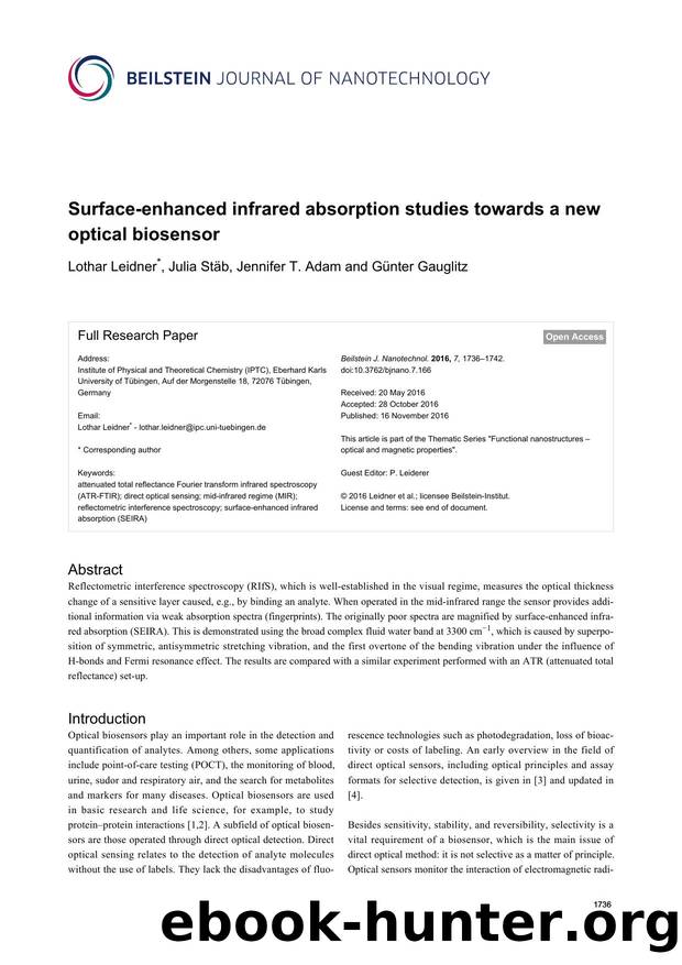 Surface-enhanced infrared absorption studies towards a new optical biosensor by Lothar Leidner Julia Stäb Jennifer T. Adam Günter Gauglitz