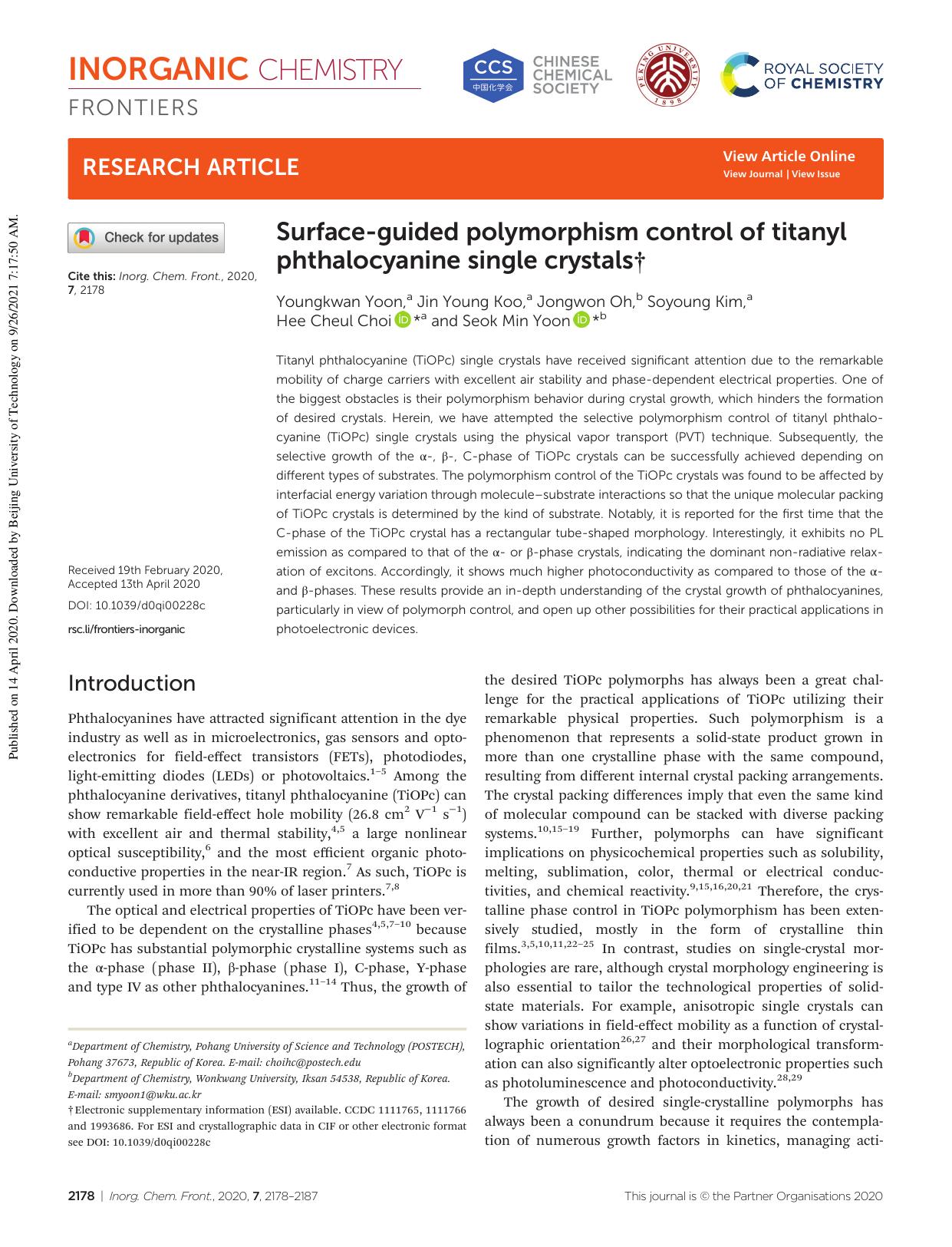 Surface-guided polymorphism control of titanyl phthalocyanine single crystals by Youngkwan Yoon Jin Young Koo Jongwon Oh Soyoung Kim Hee Cheul Choi Seok Min Yoon