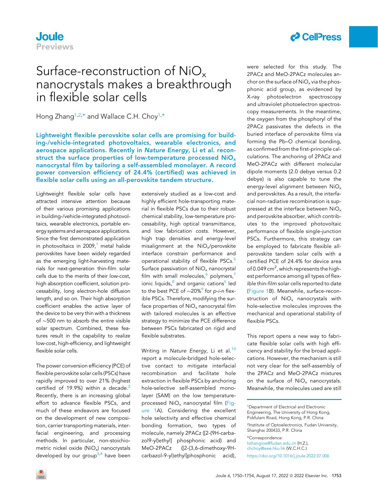 Surface-reconstruction of NiOx nanocrystals makes a breakthrough in flexible solar cells by Hong Zhang & Wallace C.H. Choy