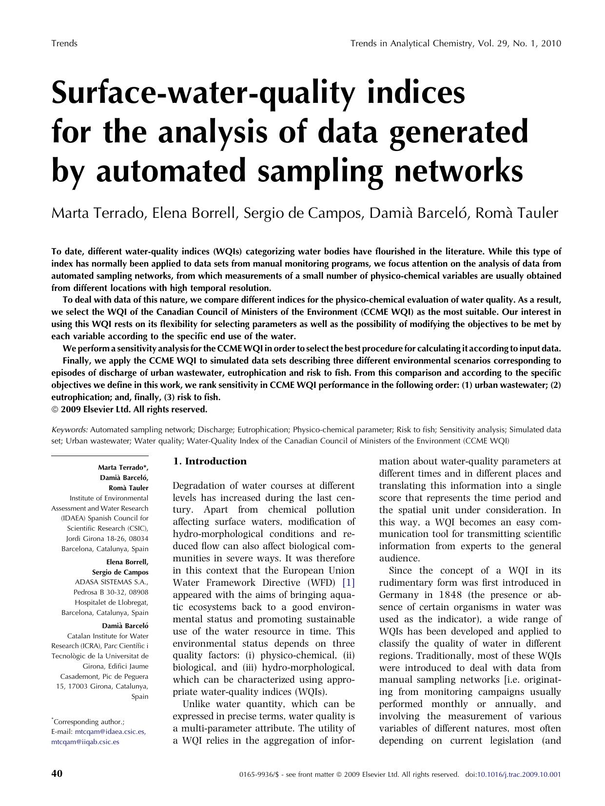 Surface-water-quality indices for the analysis of data generated by automated sampling networks by Marta Terrado; Damià Barceló; Romà Tauler; Elena Borrell; Sergio de Campos; Damià Barceló