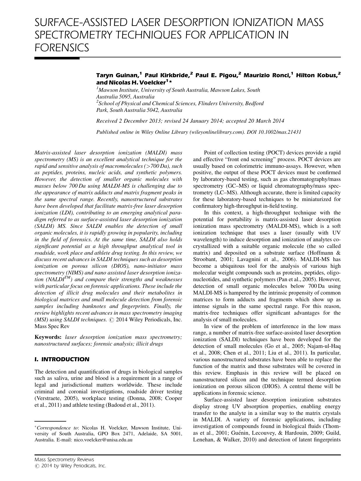 Surfaceassisted laser desorption ionization mass spectrometry techniques for application in forensics by Unknown