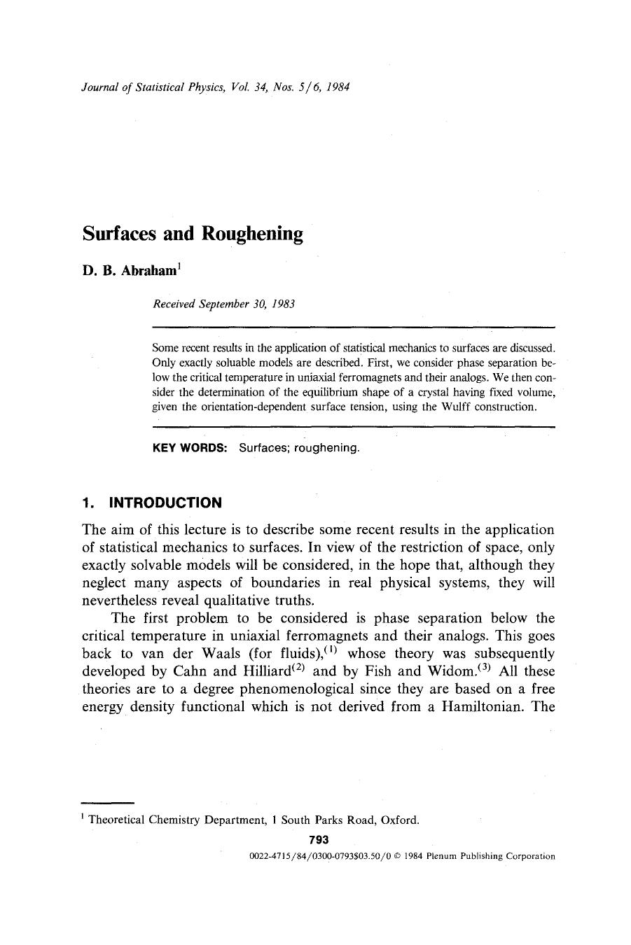 Surfaces and roughening by Unknown