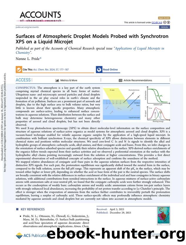 Surfaces of Atmospheric Droplet Models Probed with Synchrotron XPS on a Liquid Microjet by Nønne L. Prisle