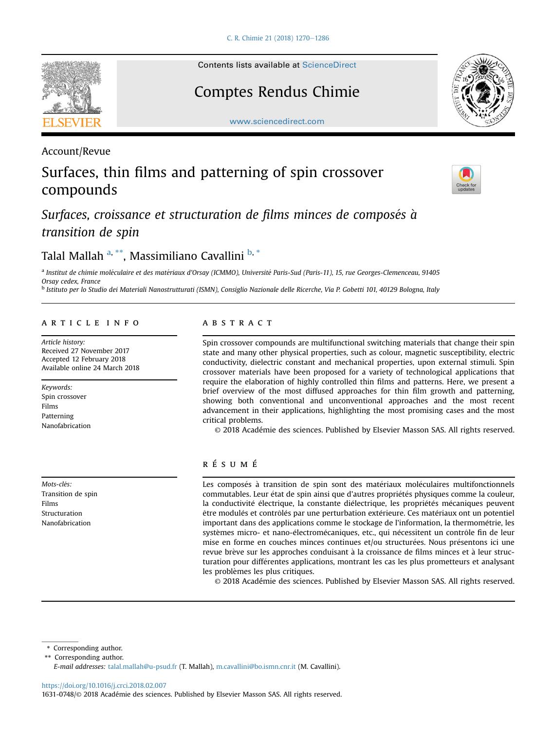 Surfaces, thin films and patterning of spin crossover compounds by Talal Mallah & Massimiliano Cavallini