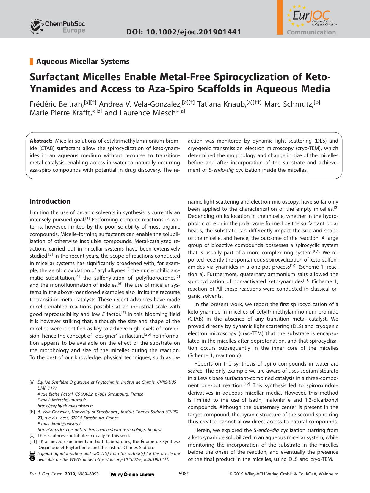 Surfactant Micelles Enable Metal&#x02010;Free Spirocyclization of Keto&#x02010;Ynamides and Access to Aza&#x02010;Spiro Scaffolds in Aqueous Media by Unknown