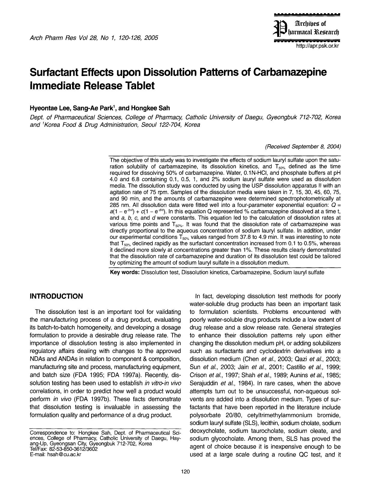 Surfactant effects upon dissolution patterns of carbamazepine immediate release tablet by Unknown