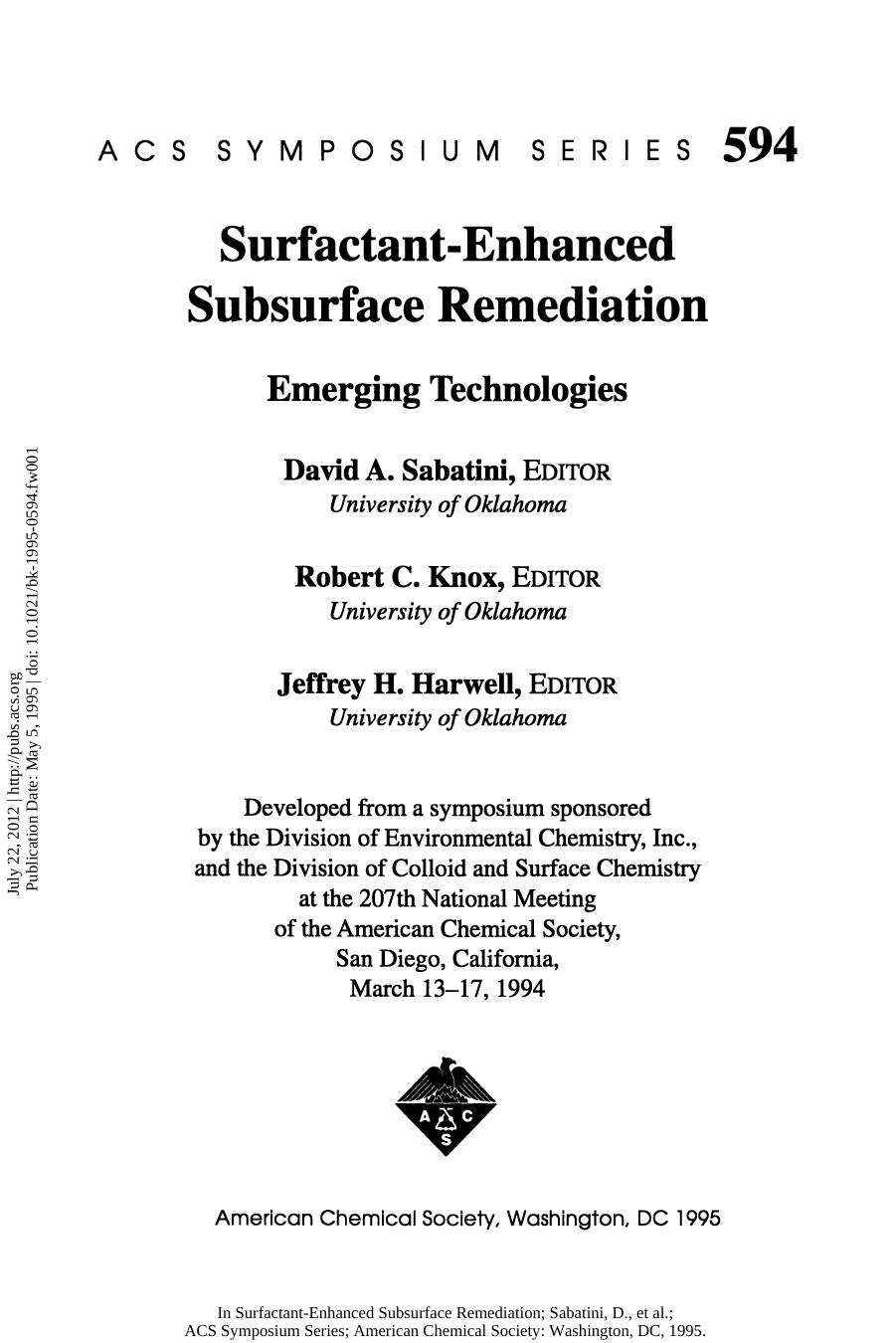 Surfactant-Enhanced Subsurface Remediation. Emerging Technologies by David A. Sabatini Robert C. Knox and Jeffrey H. Harwell (Eds.)