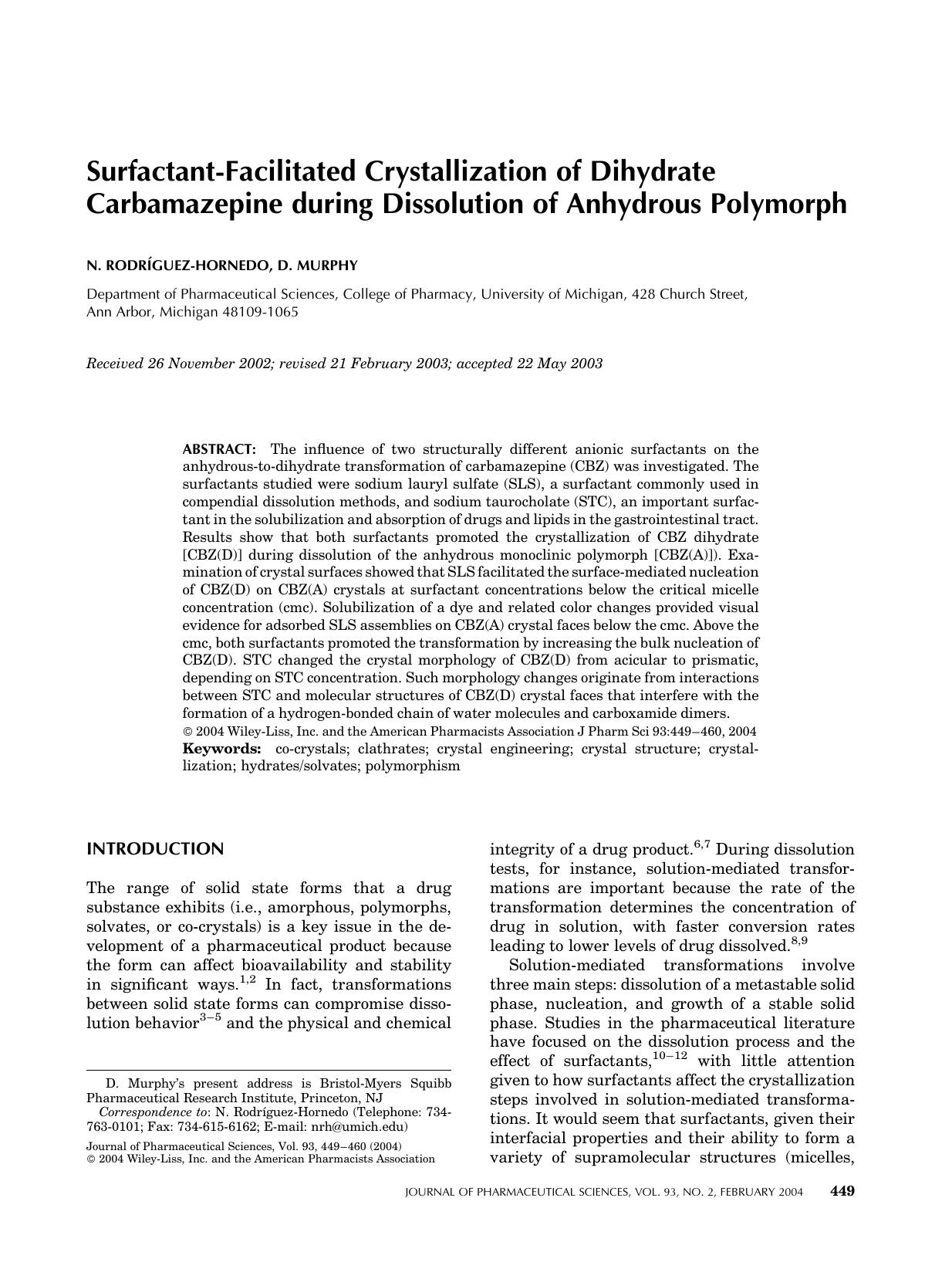 Surfactant-facilitated crystallization of dihydrate carbamazepine during dissolution of anhydrous polymorph by Unknown