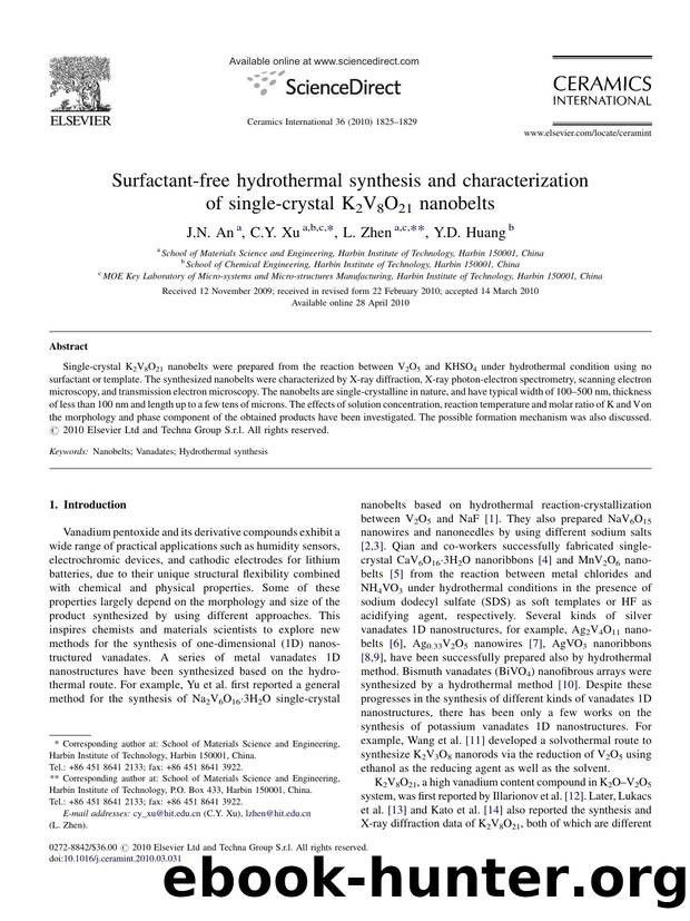Surfactant-free hydrothermal synthesis and characterization of single-crystal K2V8O21 nanobelts by J.N. An; C.Y. Xu; L. Zhen; Y.D. Huang
