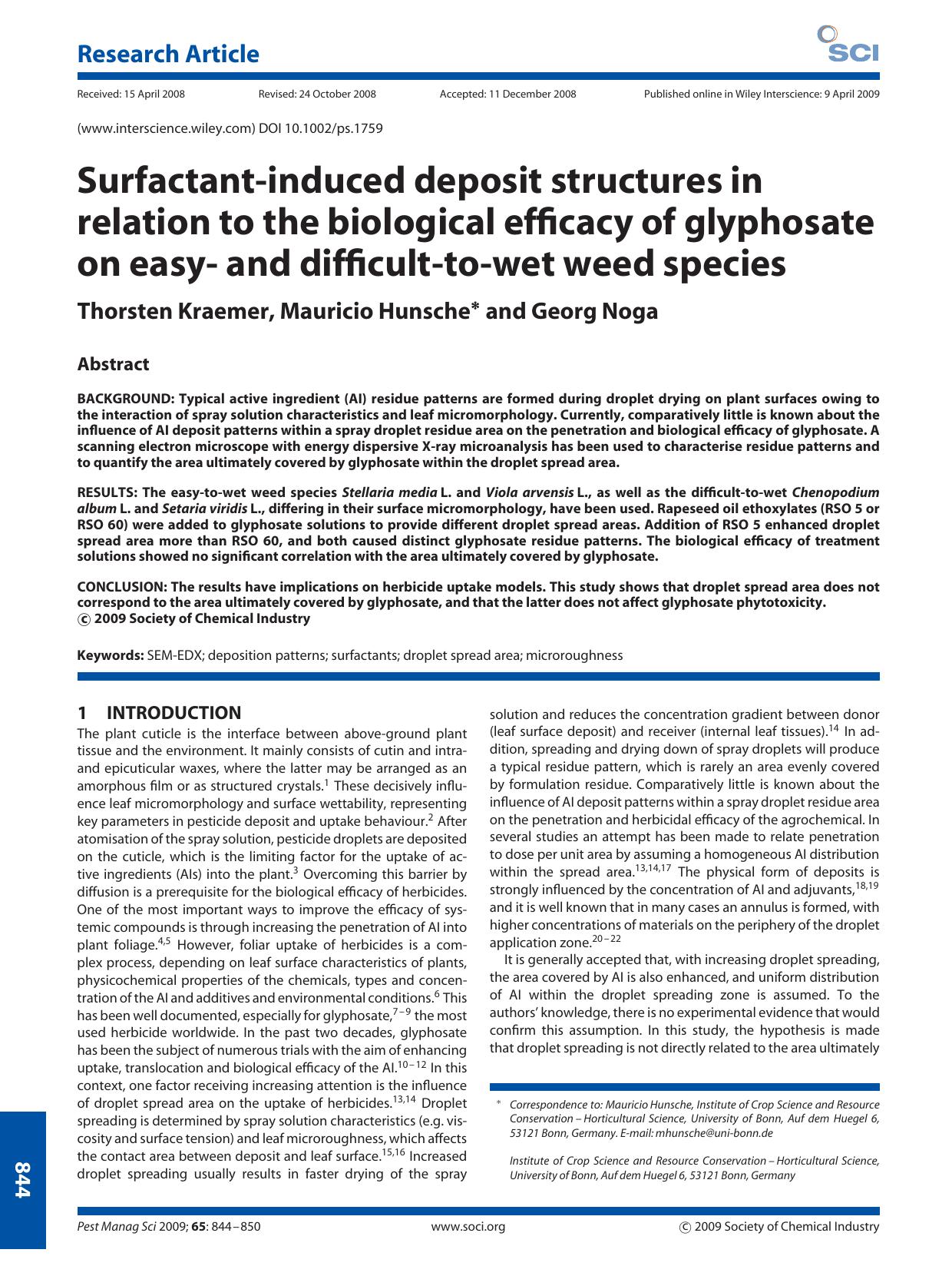 Surfactant-induced deposit structures in relation to the biological efficacy of glyphosate on easy- and difficult-to-wet weed species by Unknown