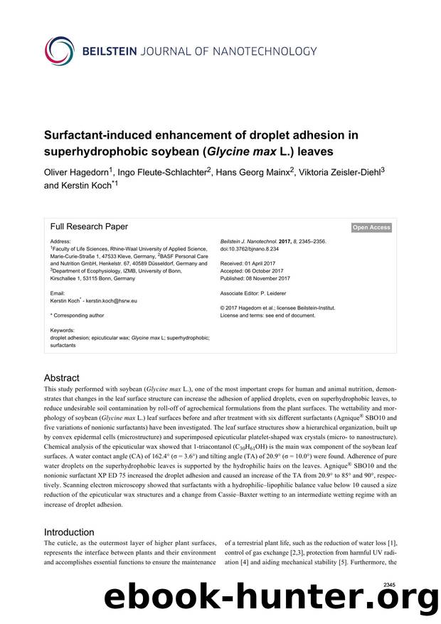 Surfactant-induced enhancement of droplet adhesion in superhydrophobic soybean (Glycine max L.) leaves by Oliver Hagedorn Ingo Fleute-Schlachter Hans Georg Mainx Viktoria Zeisler-Diehl Kerstin Koch