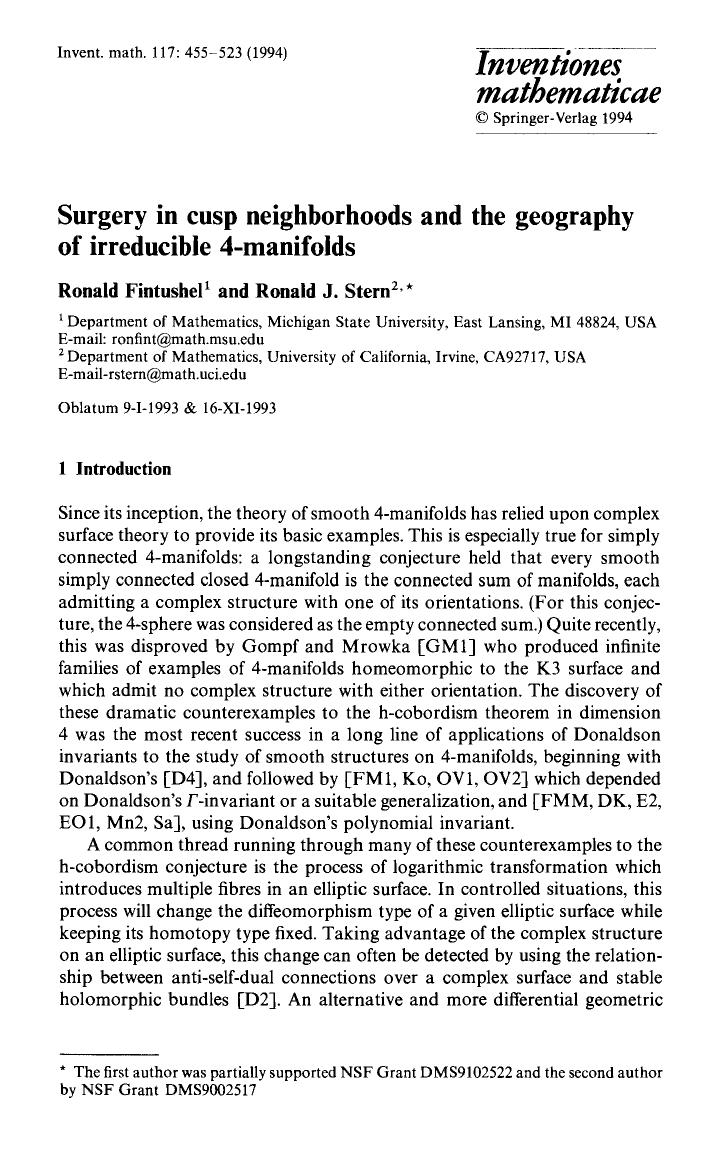 Surgery in cusp neighborhoods and the geography of irreducible 4-manifolds by Unknown