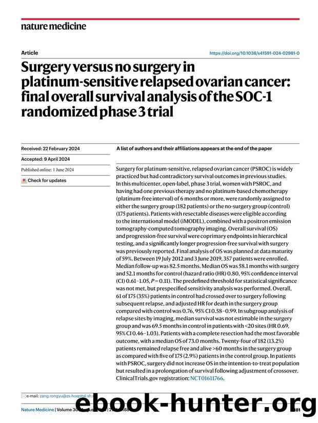 Surgery versus no surgery in platinum-sensitive relapsed ovarian cancer: final overall survival analysis of the SOC-1 randomized phase 3 trial by unknow
