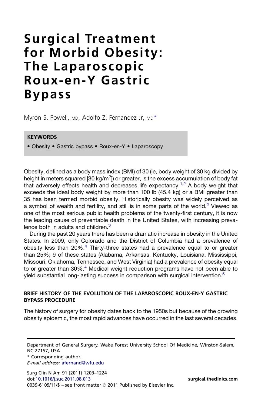 Surgical Treatment for Morbid Obesity: The Laparoscopic Roux-en-Y Gastric Bypass by Myron S. Powell MD & Adolfo Z. Fernandez Jr. MD