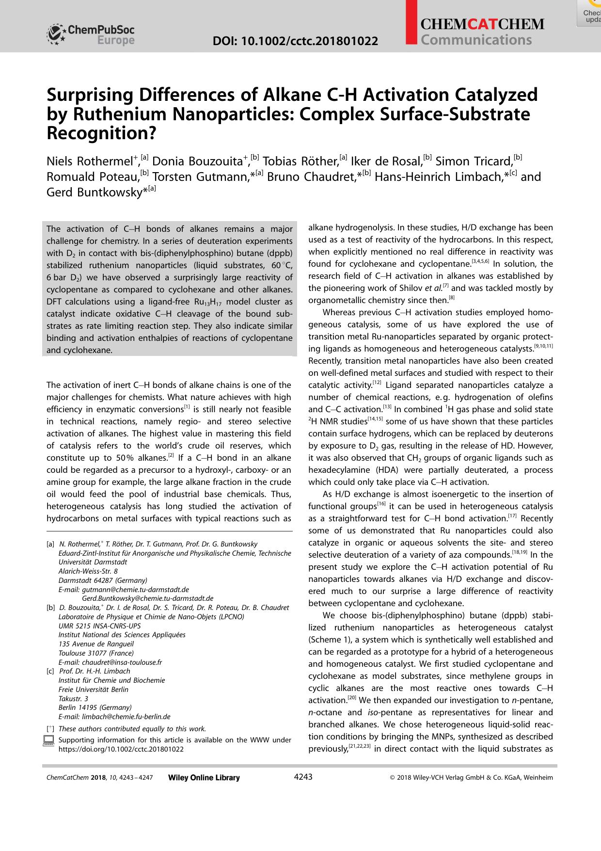 Surprising Differences of Alkane CâH Activation Catalyzed by Ruthenium Nanoparticles: Complex SurfaceâSubstrate Recognition? by Unknown