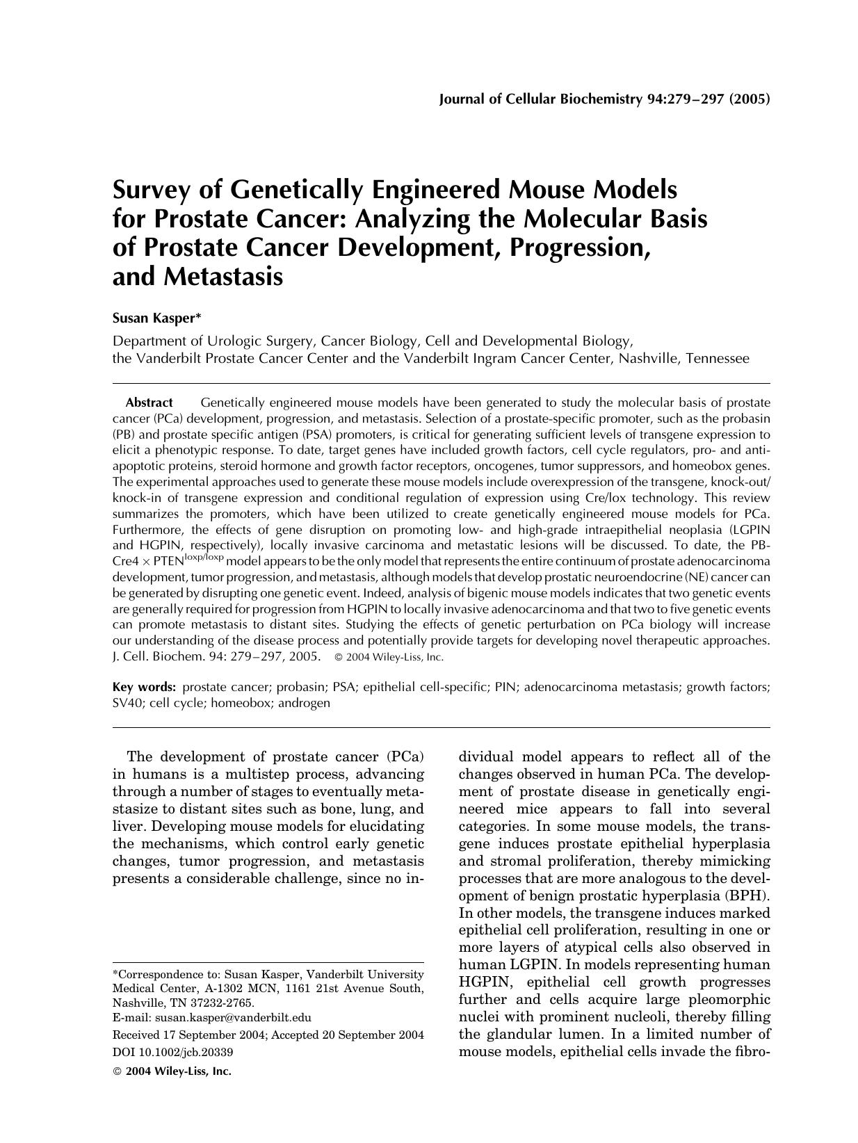 Survey of genetically engineered mouse models for prostate cancer: Analyzing the molecular basis of prostate cancer development, progression, and metastasis by Unknown