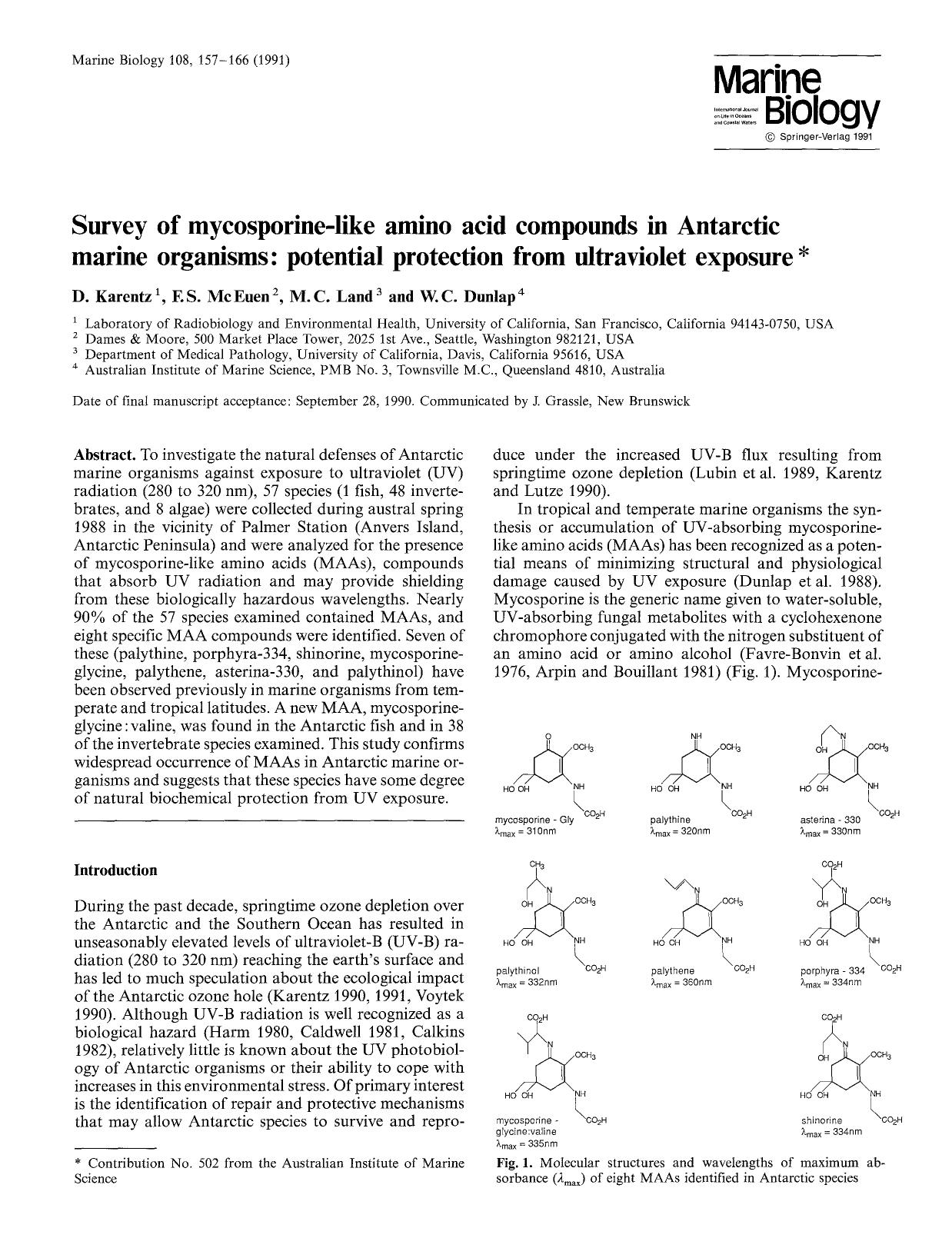 Survey of mycosporine-like amino acid compounds in Antarctic marine organisms: Potential protection from ultraviolet exposure by Unknown