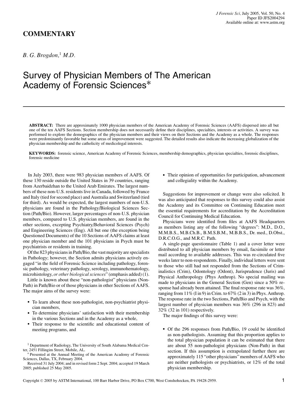 Survey of physician members of the American Academy of Forensic Sciences by Brogdon BG