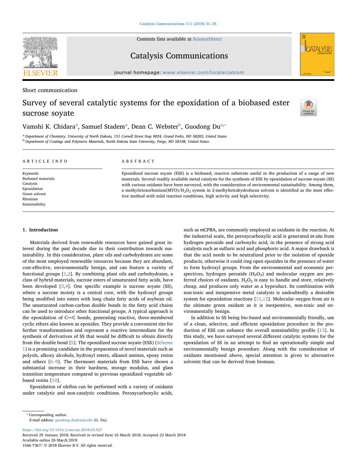 Survey of several catalytic systems for the epoxidation of a biobased ester sucrose soyate by Vamshi K. Chidara & Samuel Stadem & Dean C. Webster & Guodong Du
