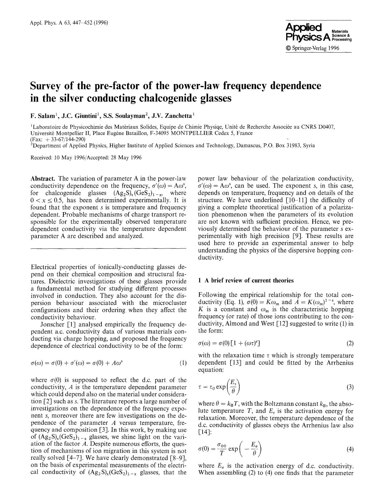 Survey of the pre-factor of the power-law frequency dependence in the silver conducting chalcogenide glasses by Unknown
